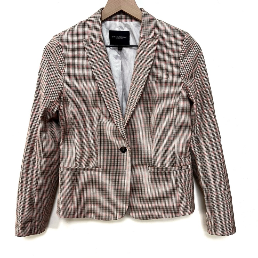 Banana Republic Houndstooth Blazer Women 4 Tailored Classic Career Jacket Tan